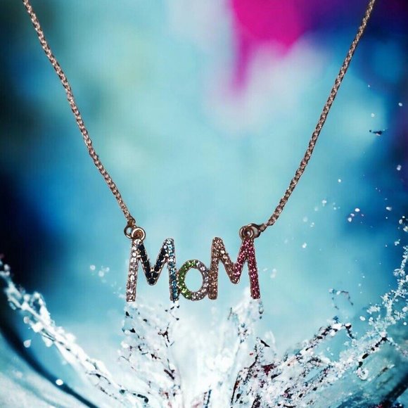 Gold Tone Mom Necklace Colorful Rainbow Crystal Rhinestone Gift for Mom - Picture 2 of 3